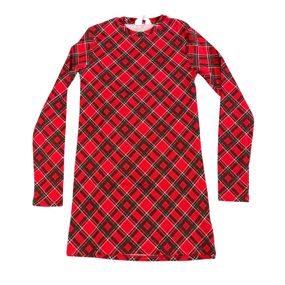 H&M T-Shirt Dress Girls Size 14Y+ Red Green Plaid Ribbed Knit Long Sleeve